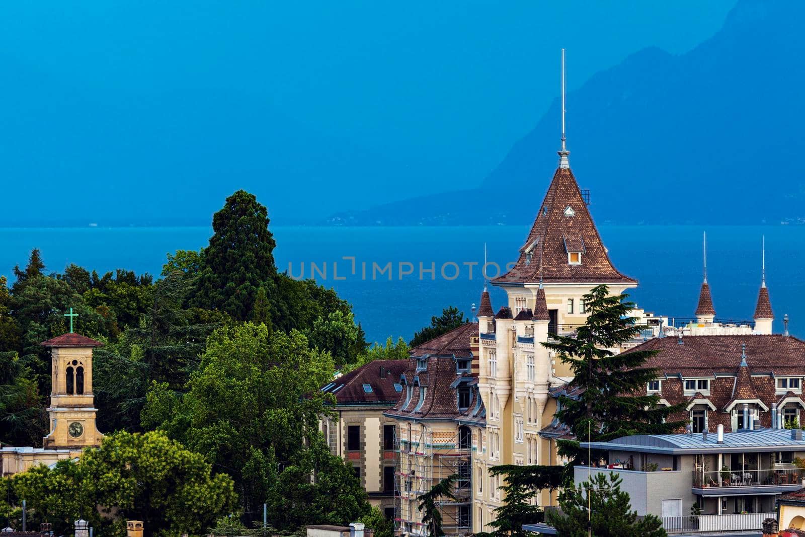 Lausanne architecture and Lake Geneva. Lausanne, Vaud, Switzerland.