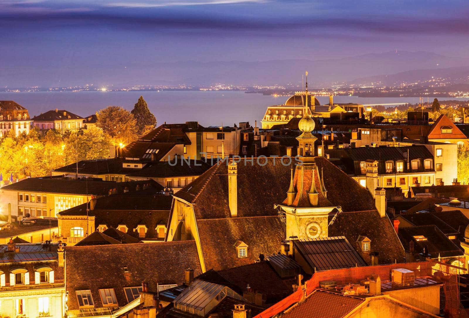 Lausanne panorama with city hall at night. Lausanne, Vaud, Switzerland.