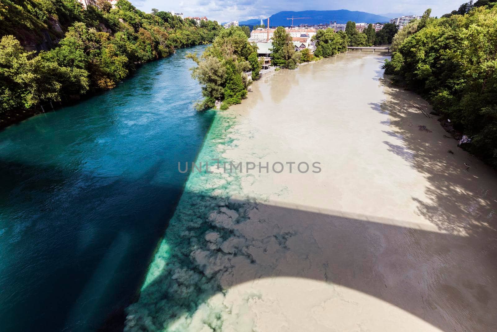 Confluence of the Rhone and Arve Rivers in Geneva. Geneva, Switzerland.