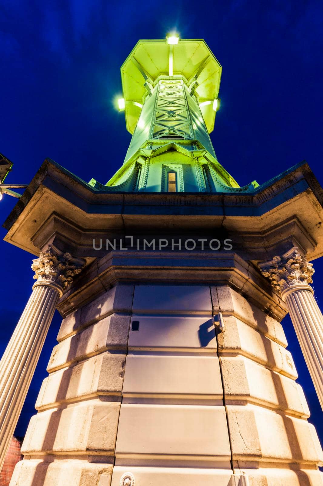 Geneva Lighthouse seen at night. Geneva, Switzerland.