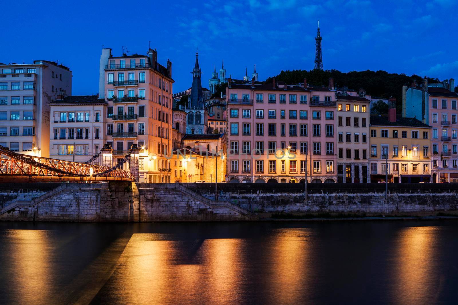 Architecture of Lyon along Saone River river. Lyon, Rhone-Alpes, France.