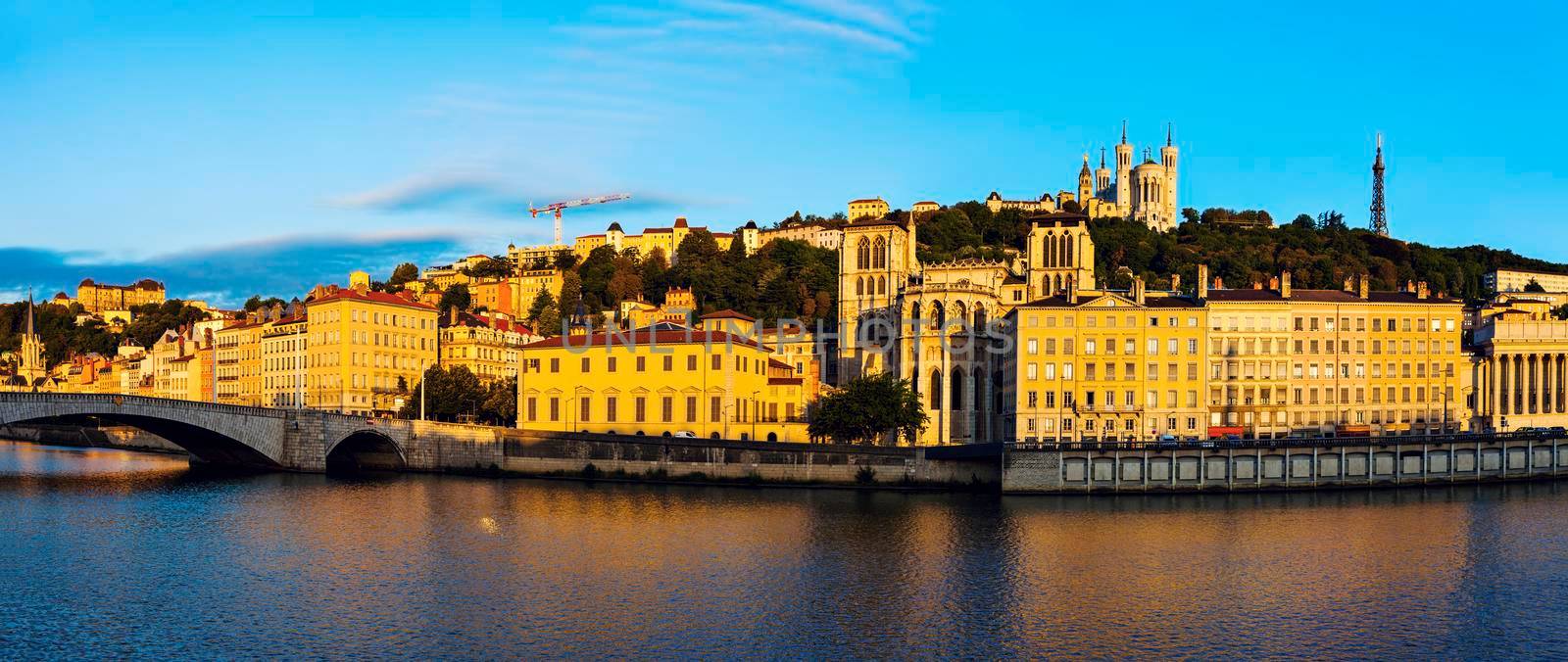 Basilica of Notre-Dame de Fourviere and Lyon Cathedral in the morning. Lyon, Rhone-Alpes, France.