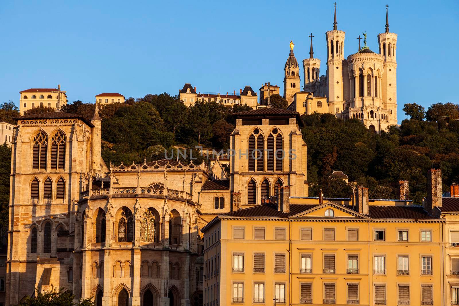 Basilica of Notre-Dame de Fourviere and Lyon Cathedral in the morning. Lyon, Rhone-Alpes, France.