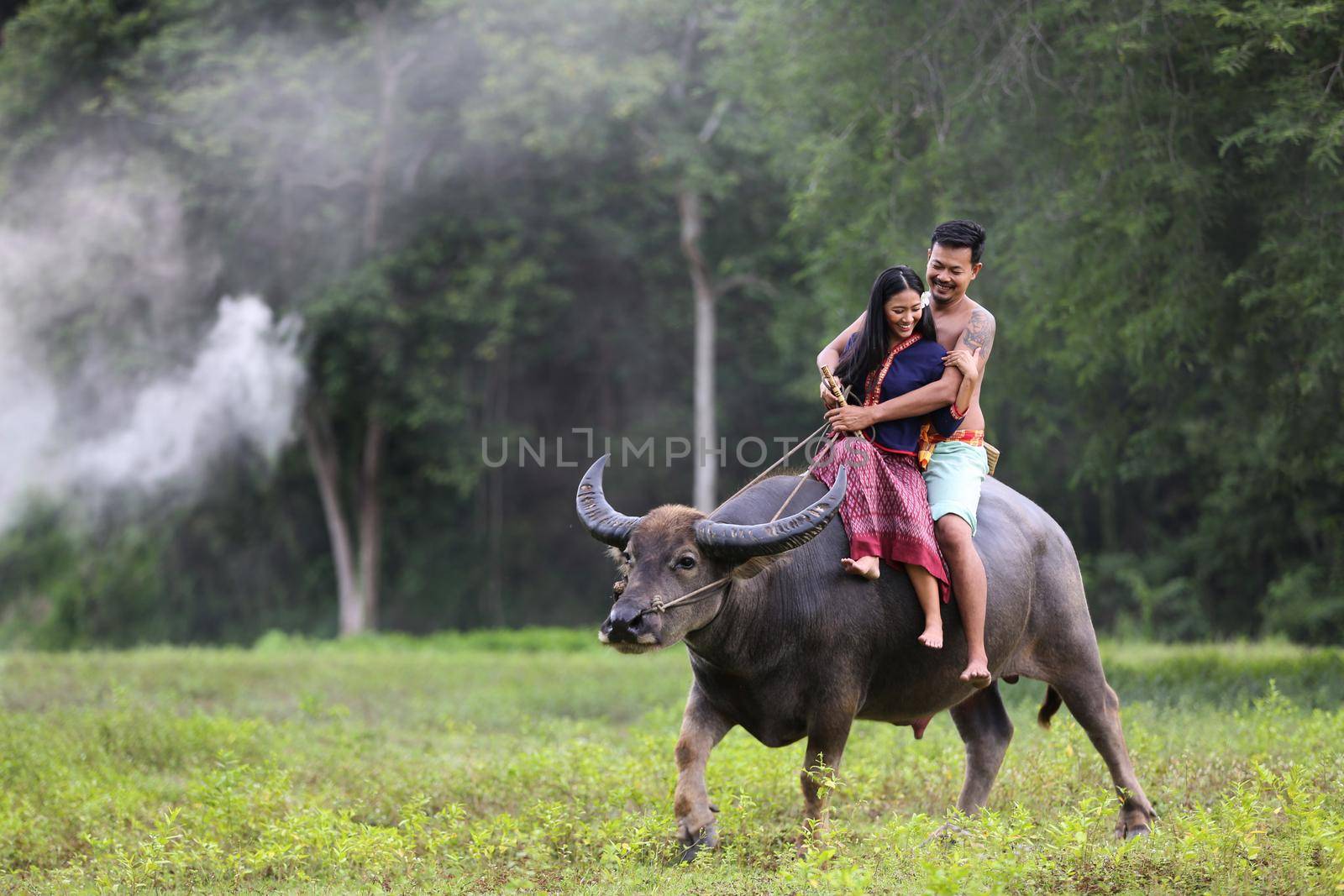 Couple Thai farmers family happiness time riding on buffalo on the field, Thailand by chuanchai