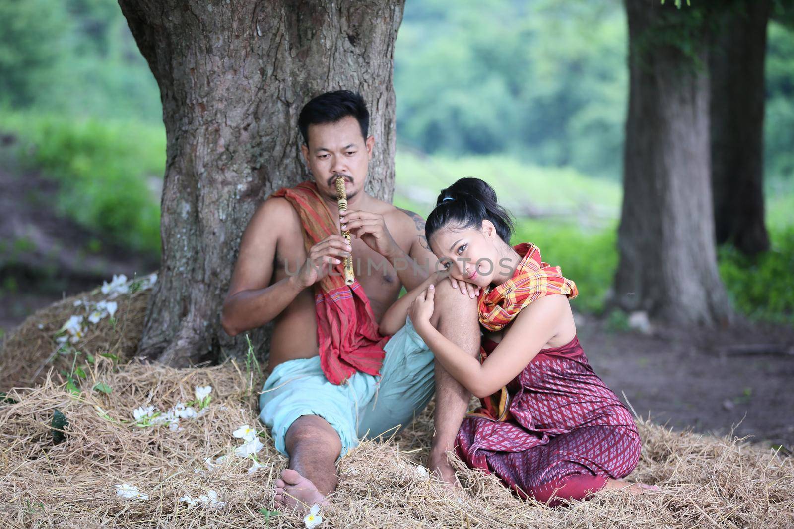 Couple love of Asian Young man and women sitting under tree against buffalo and natural background, rural way of life in the Northeast of Thailand. A young man was blowing a bamboo mouth organ to his lover.