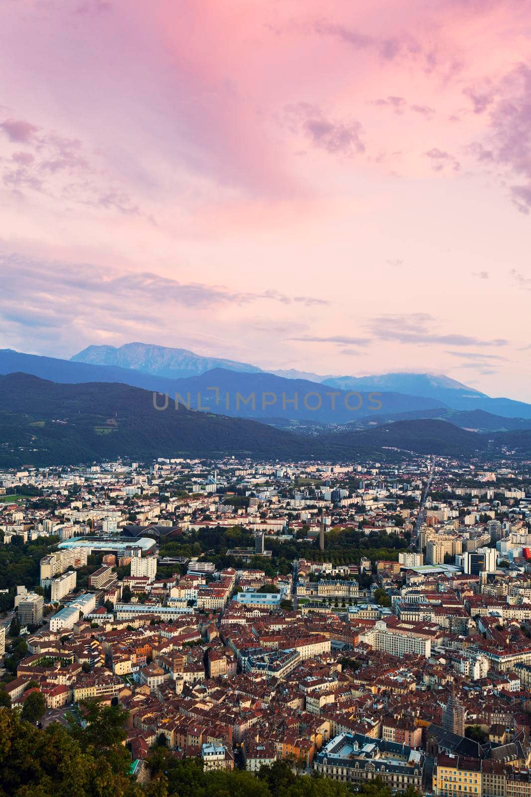 Grenoble at sunset. Grenoble, Auvergne-Rhone-Alpes, France.