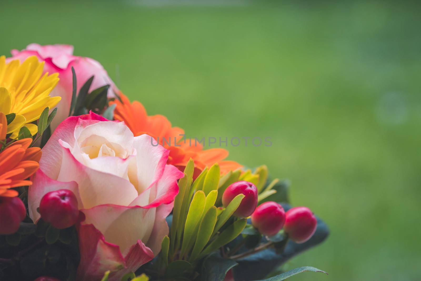 Close up of tender pink rose in a floral bouquet