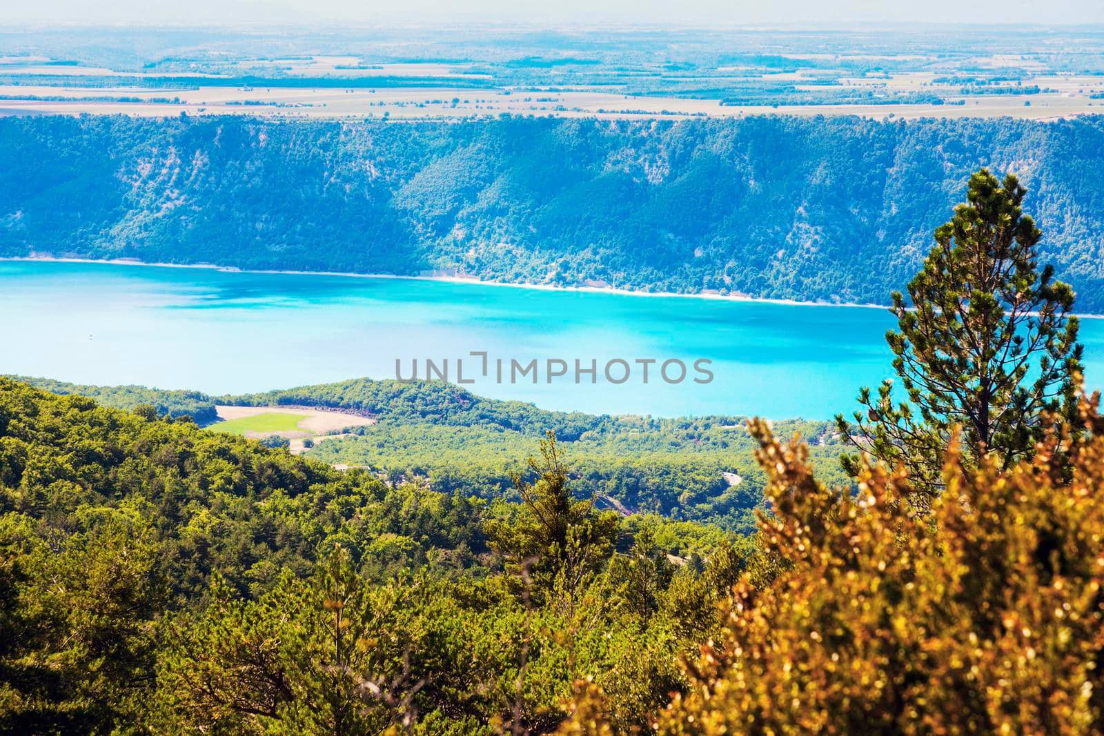Lake of Sainte-Croix - distant view. Provence-Alpes-Cote d'Azur, France.