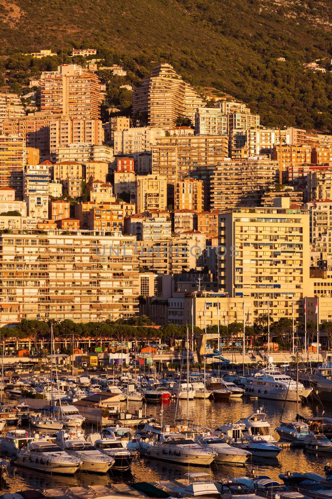 Sunrise in Monaco from the harbor. Monte Carlo, Monaco.