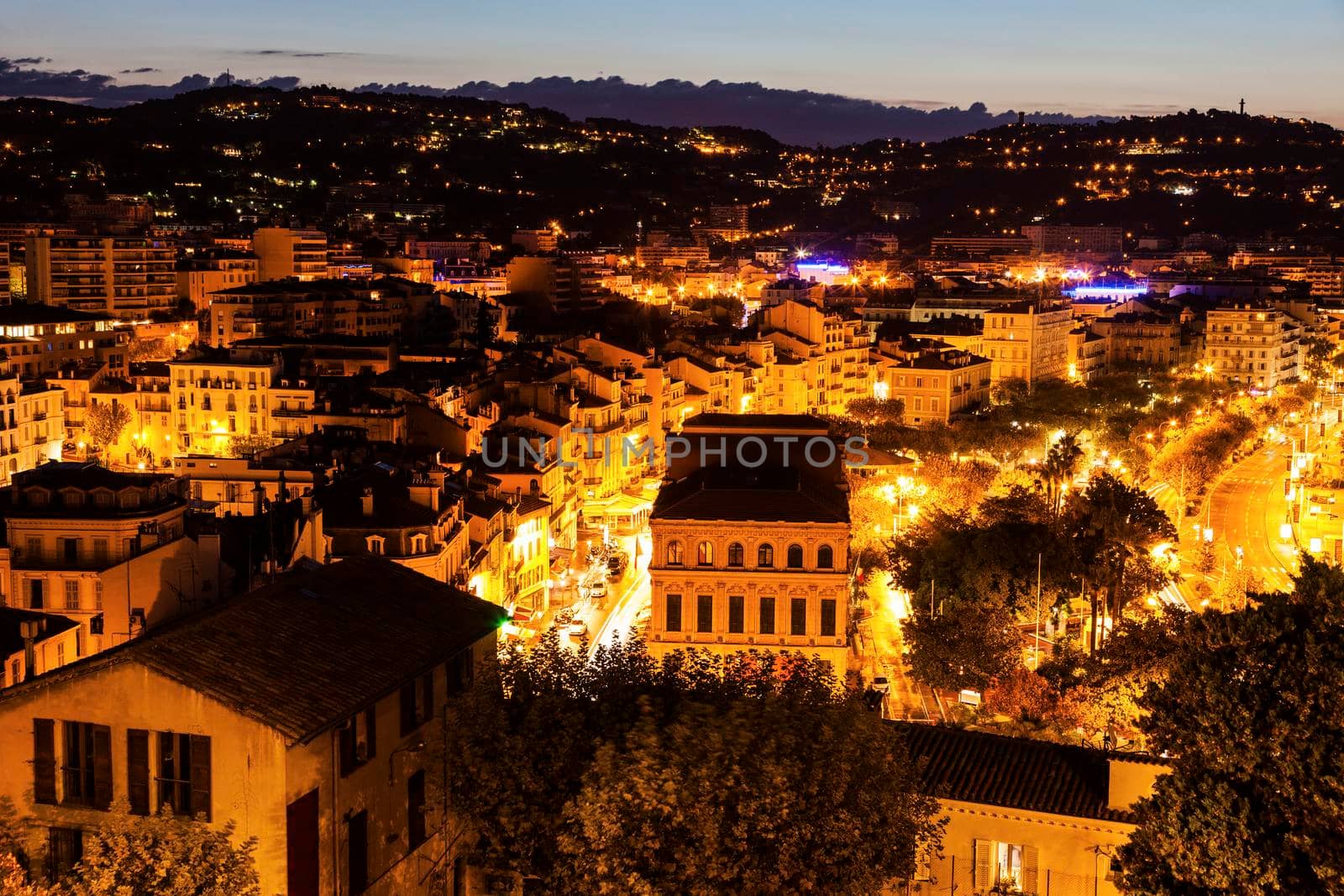 Aerial view of Cannes at sunrise. Cannes, Provence-Alpes-Cote d'Azur, France