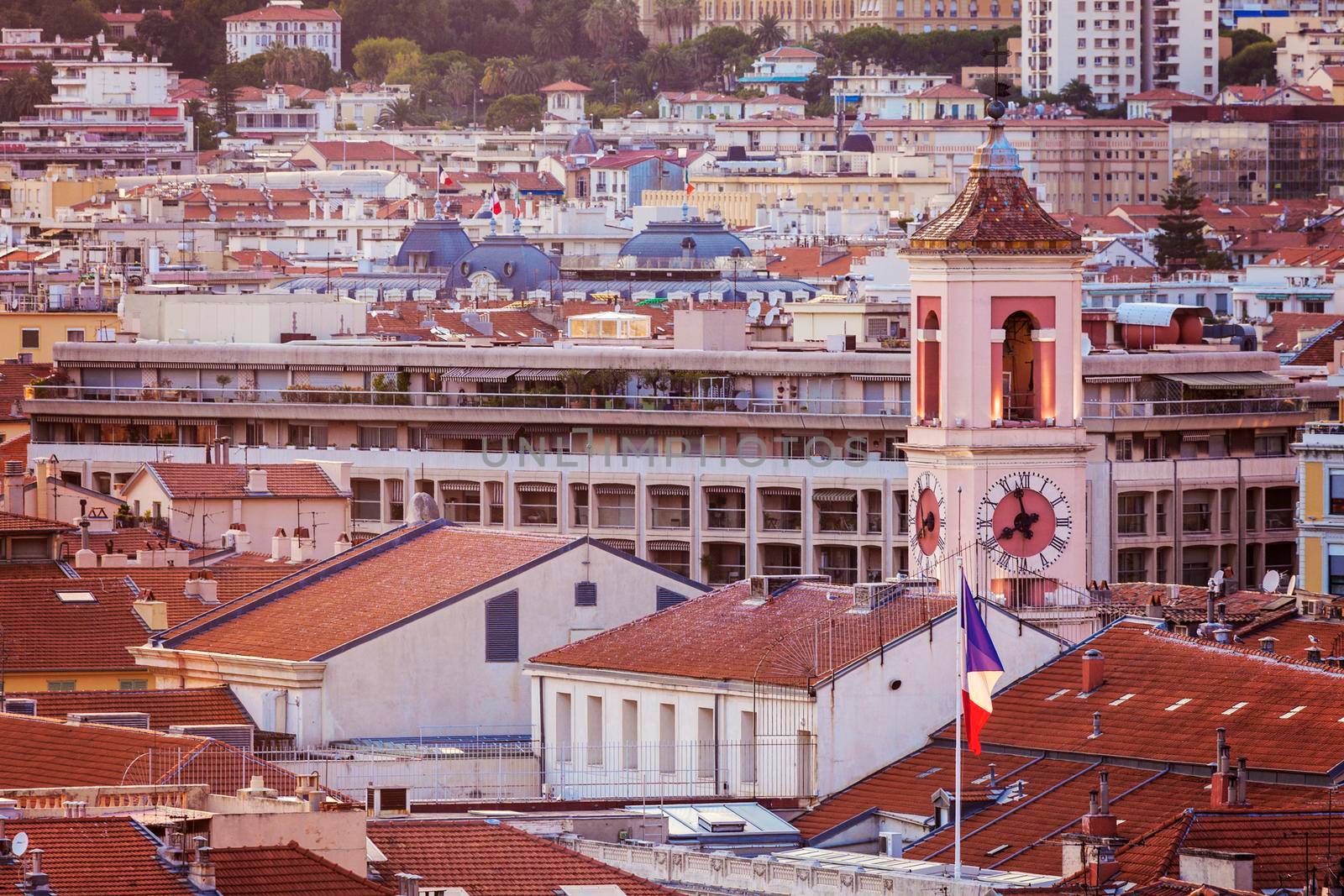 Aerial panorama of NIce at sunset. Nice, French Riviera, France.