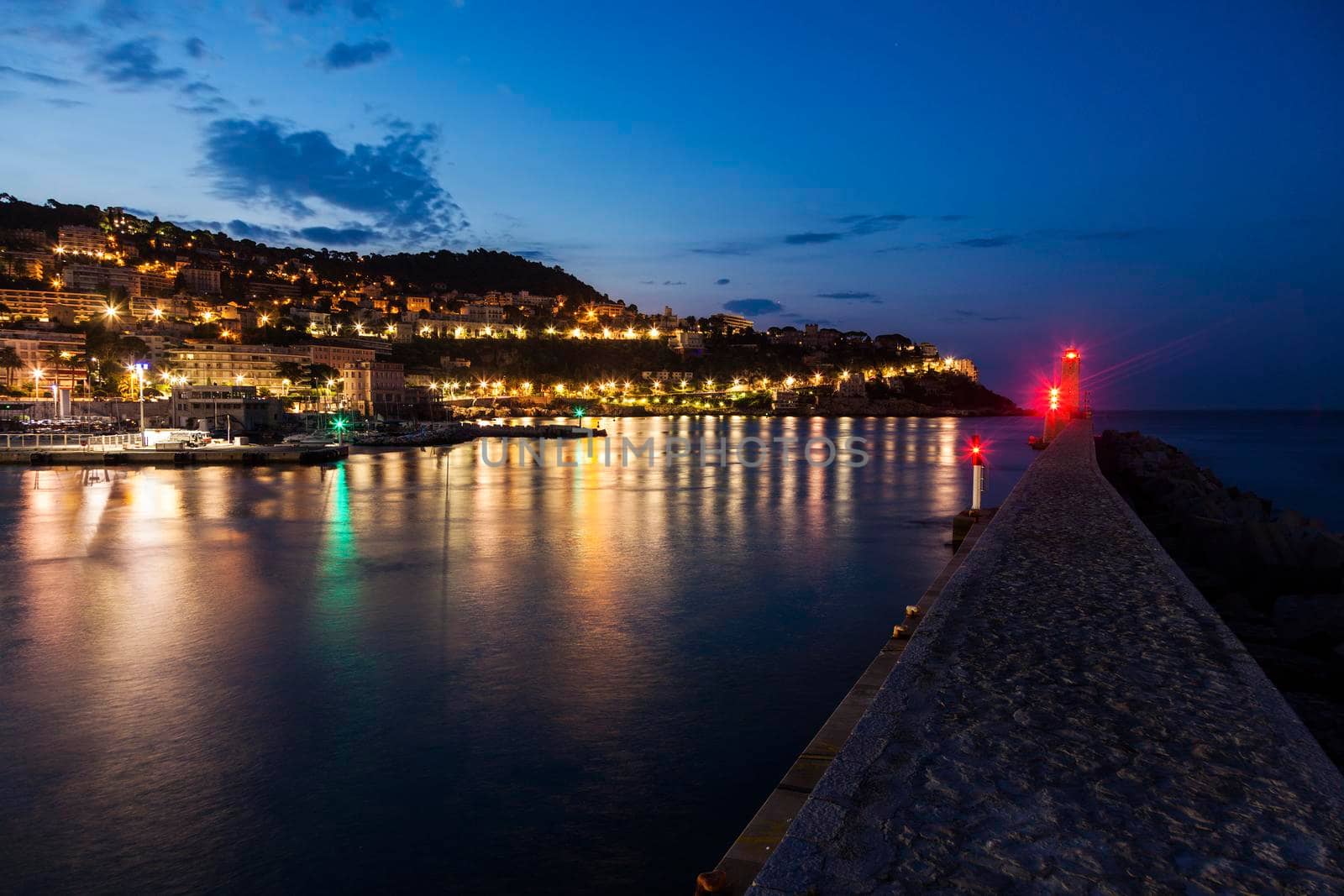 Nice Lighthouse at night. Nice, French Riviera, France.