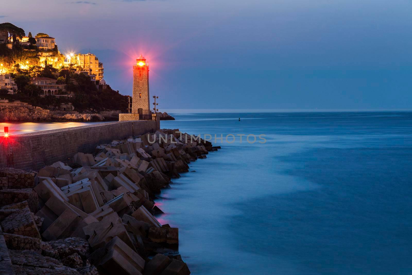 Nice Lighthouse at sunrise. Nice, French Riviera, France.