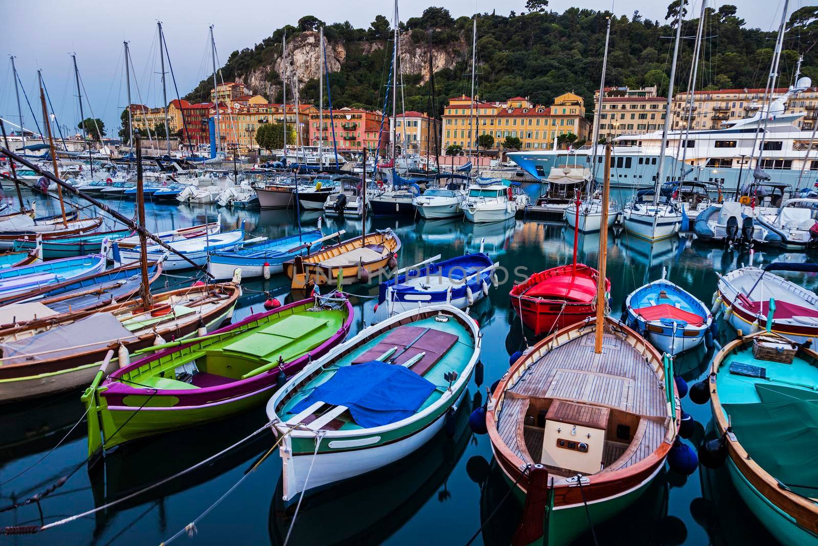 Colorful boats in Nice. Nice, French Riviera, France.