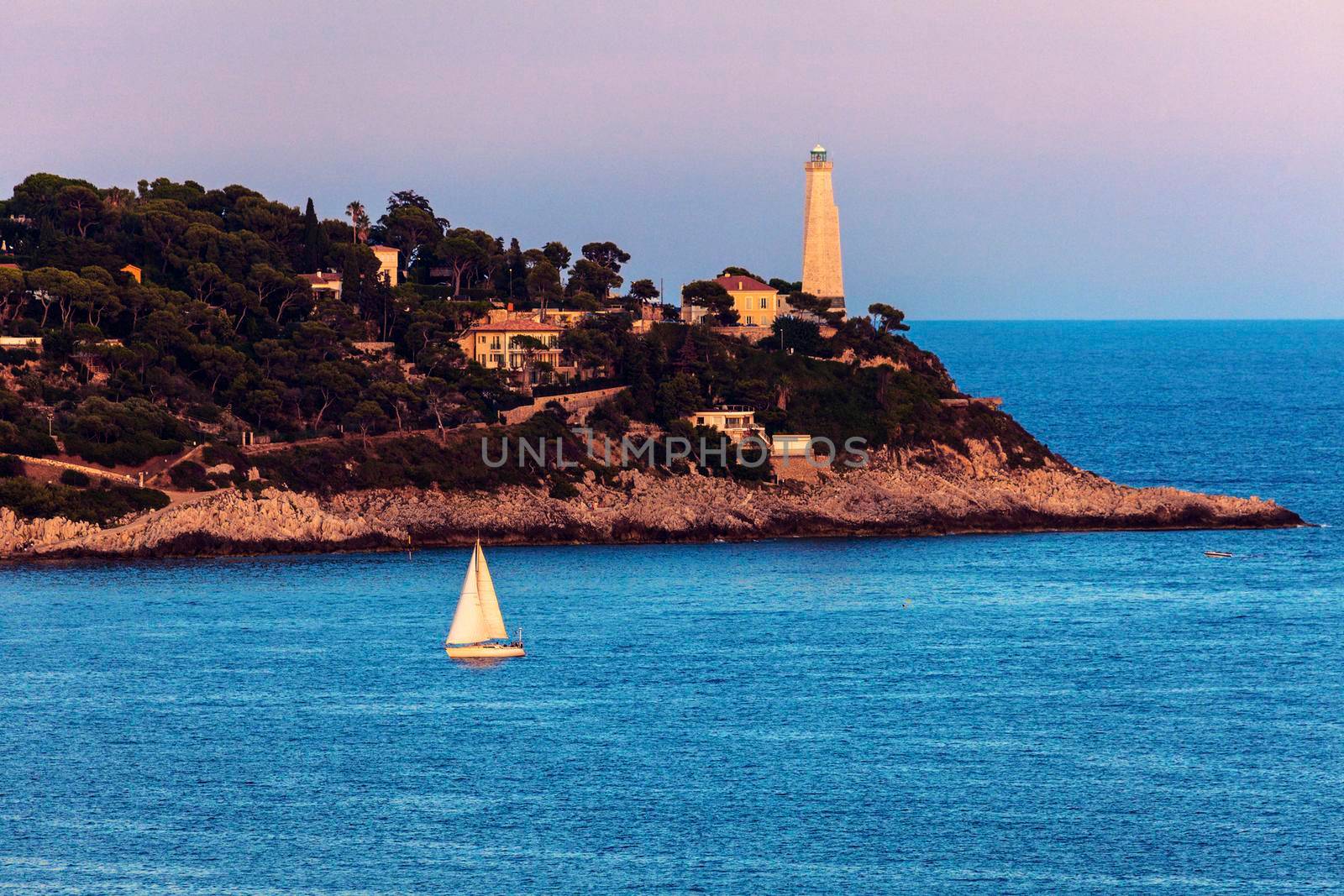 Cap Ferrat lighthouse in Saint Jean Cap Ferrat. Saint Jean Cap Ferrat, French Riviera, France.