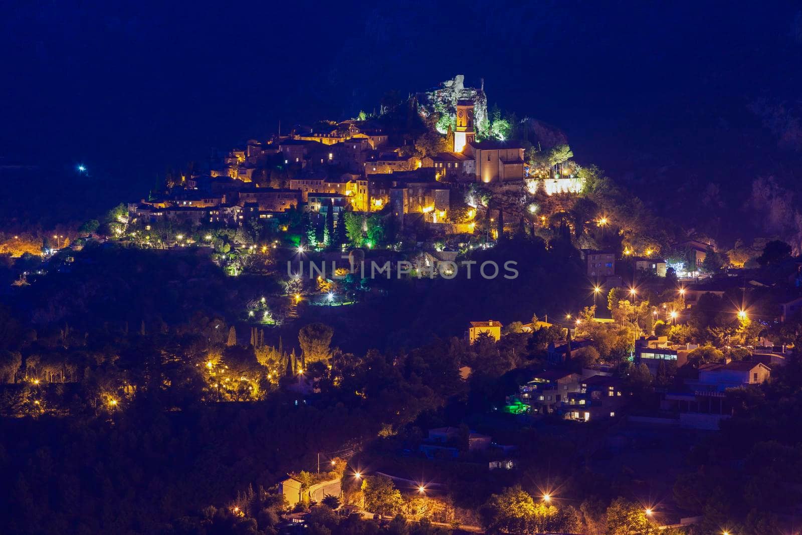 Eze panorama at night. Eze, Provence-Alpes-Cote d'Azur, France.