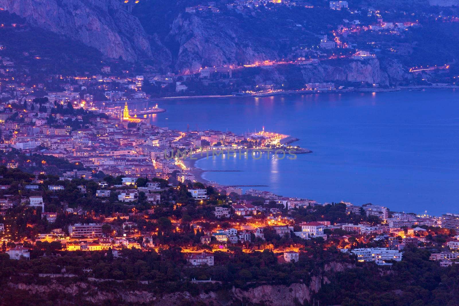 Aerial view of Monaco and Menton. Menton, Provence-Alpes-Cote d'Azur, France.