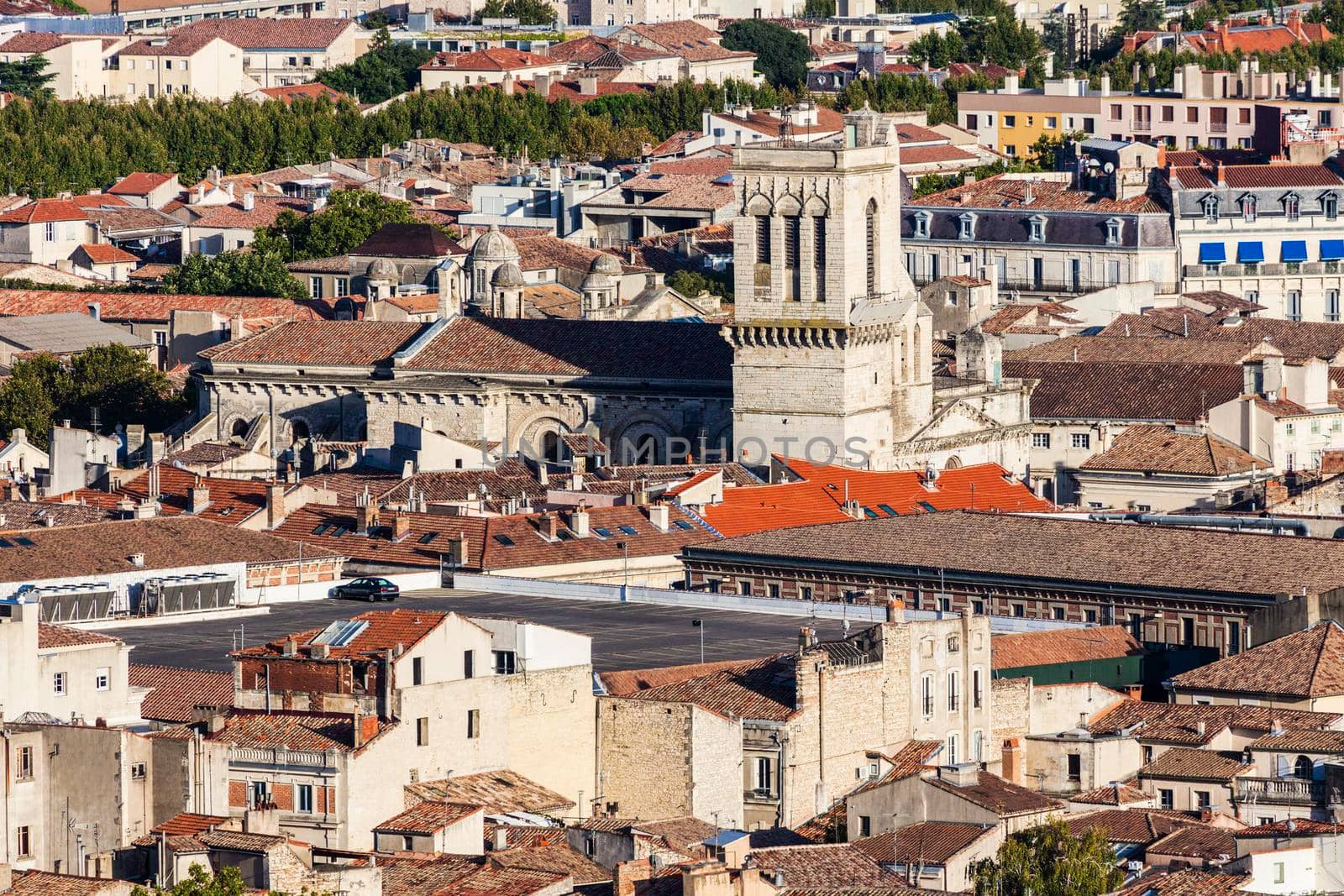 Notre-Dame-et-Saint-Castor Cathedral in Nimes - aerial photo. Nimes, Occitanie, France.