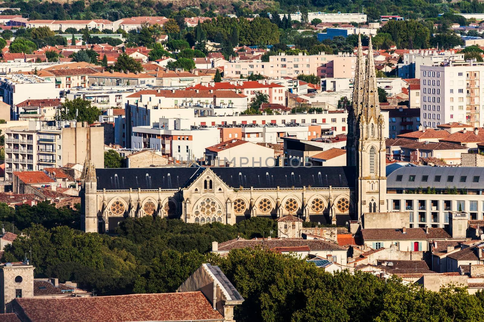 Aerial panorama of Nimes. Nimes, Occitanie, France.