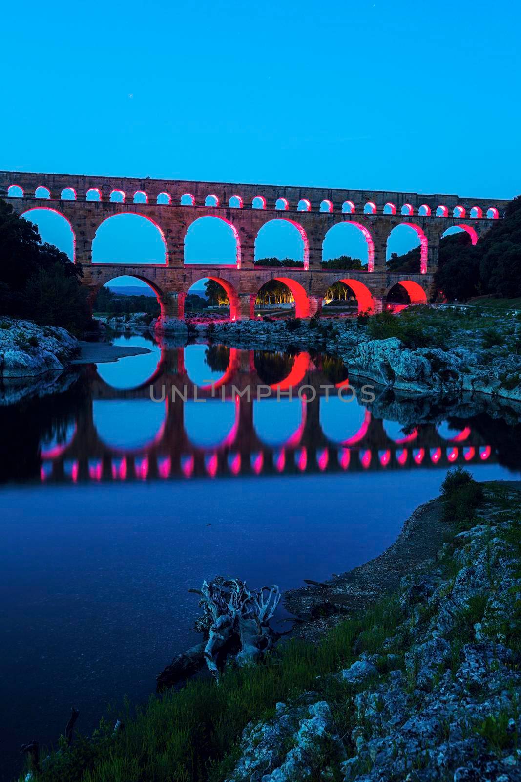 Pont du Gard at night. Vers-Pont-du-Gard, Gard, France.