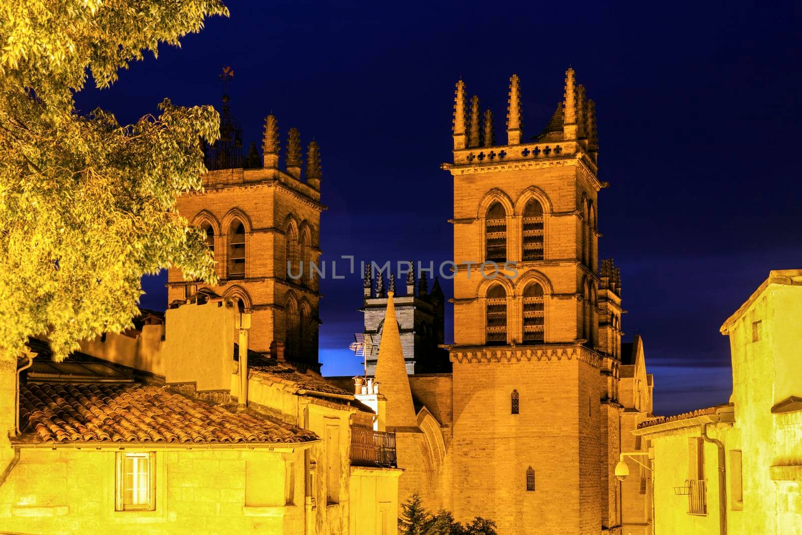 Montpellier Cathedral at night. Montpellier, Occitanie, France.