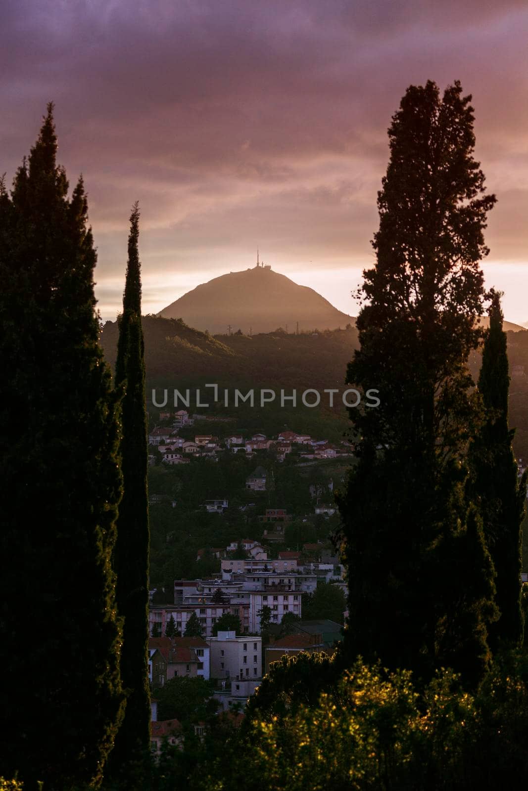 Puy-de-Dome volcano seen from Clermont-Ferrand. Clermont-Ferrand, Auvergne-Rhone-Alpes, France.