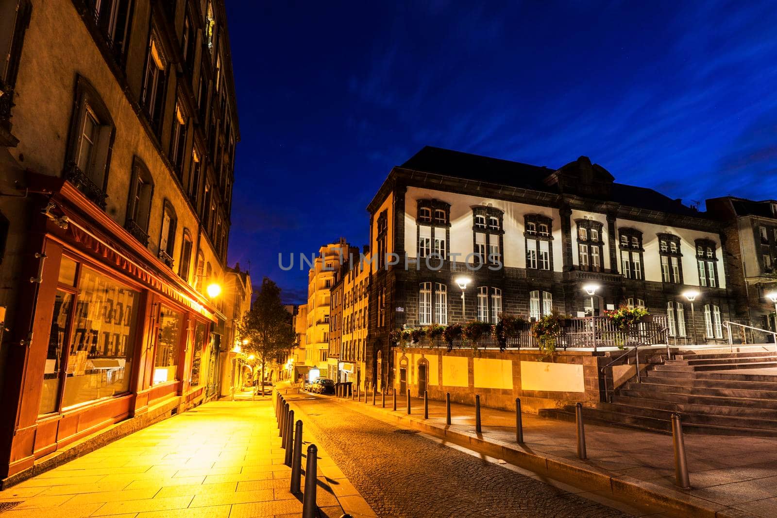 Architecture of Clermont-Ferrand at dawn. Clermont-Ferrand, Auvergne-Rhone-Alpes, France.