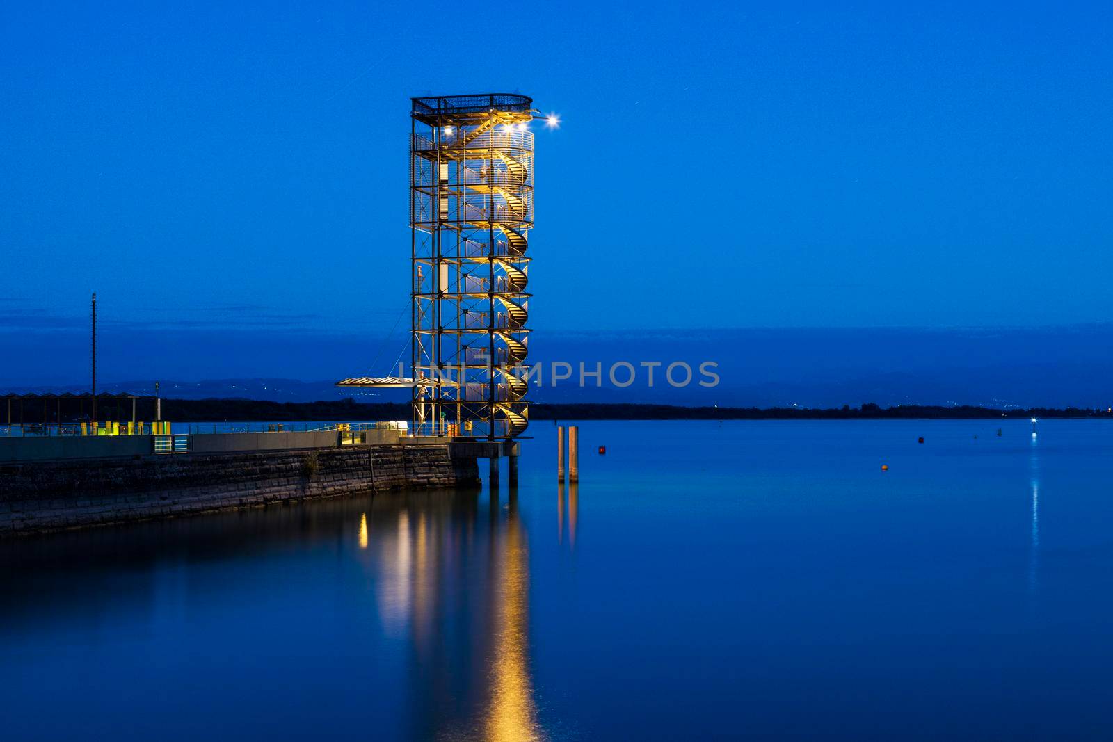 Pier in Friedrichshafen with view tower. Friedrichshafen, Baden-Wurttemberg, Germany.