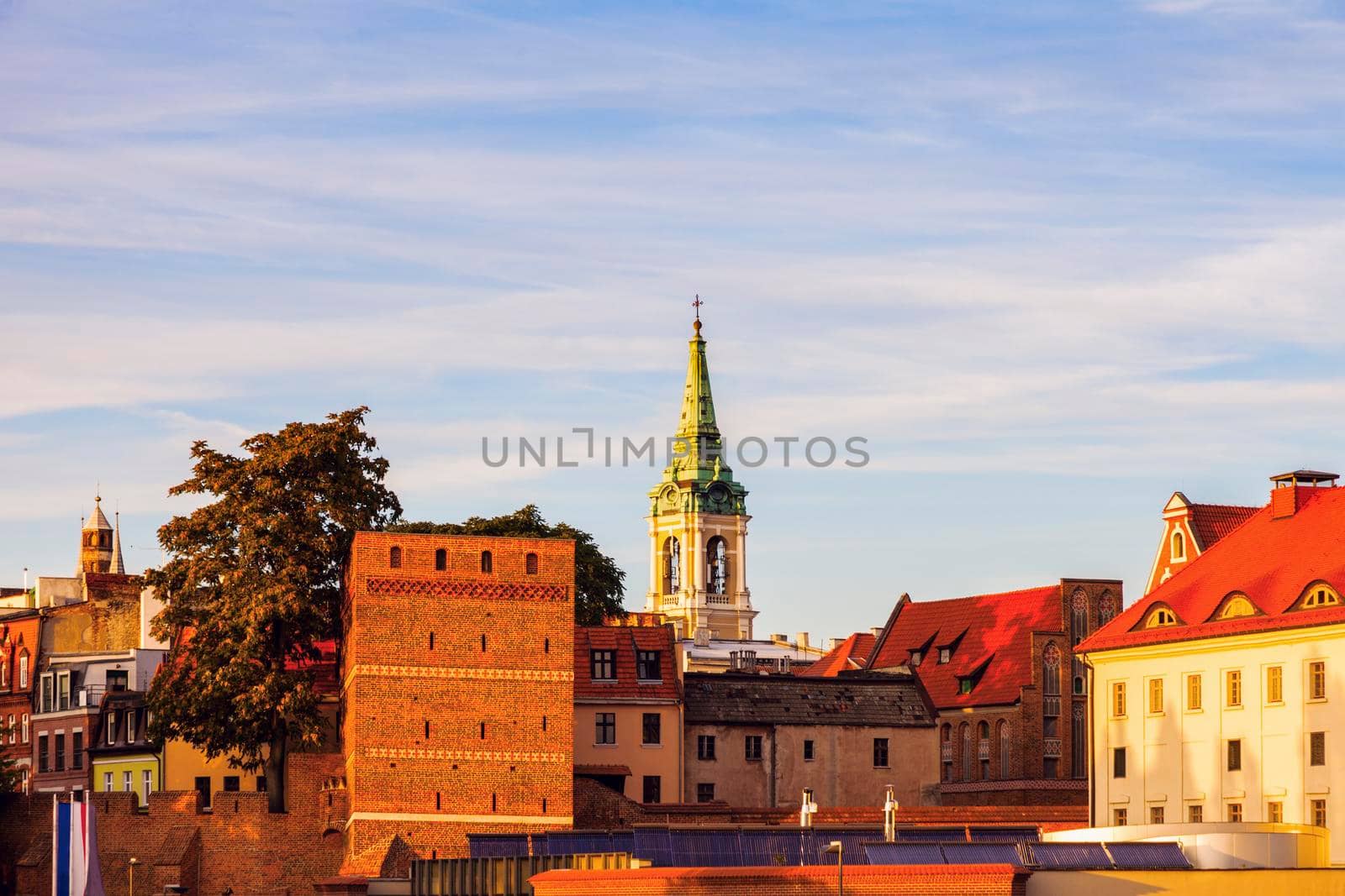 Torun Old Town from the bridge at sunset. Torun, Kuyavian-Pomeranian, Poland.