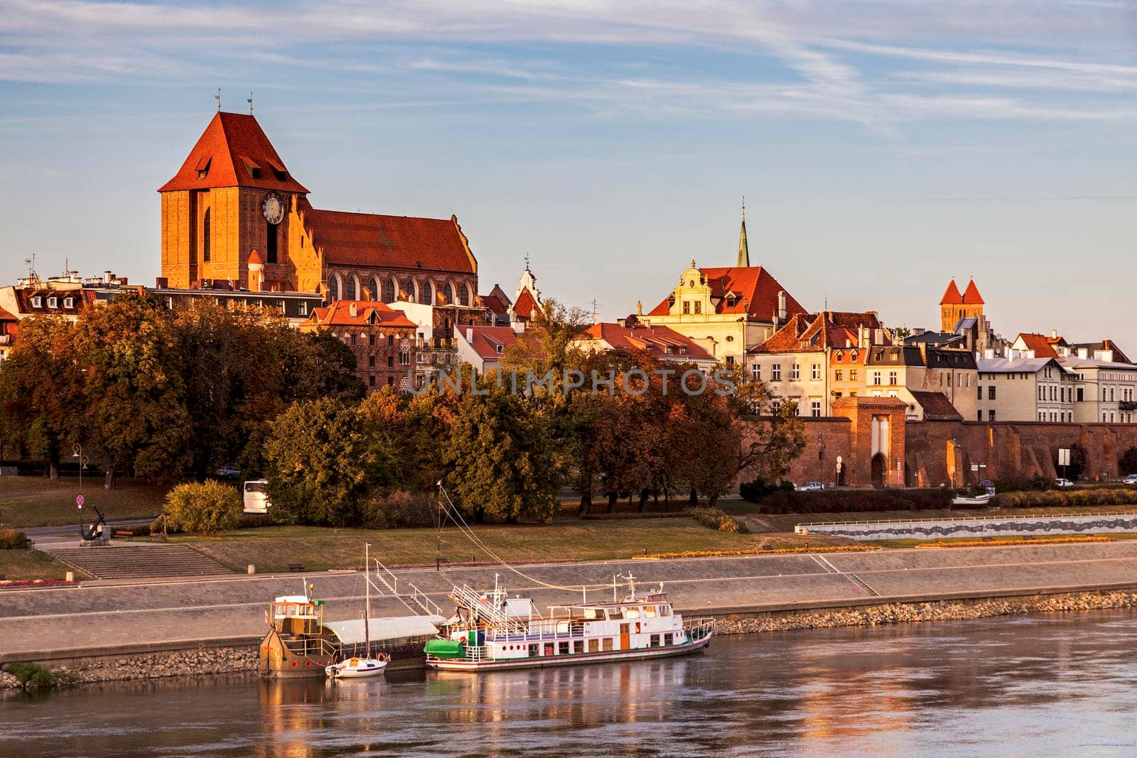 Torun Old Town from the bridge at sunset. Torun, Kuyavian-Pomeranian, Poland