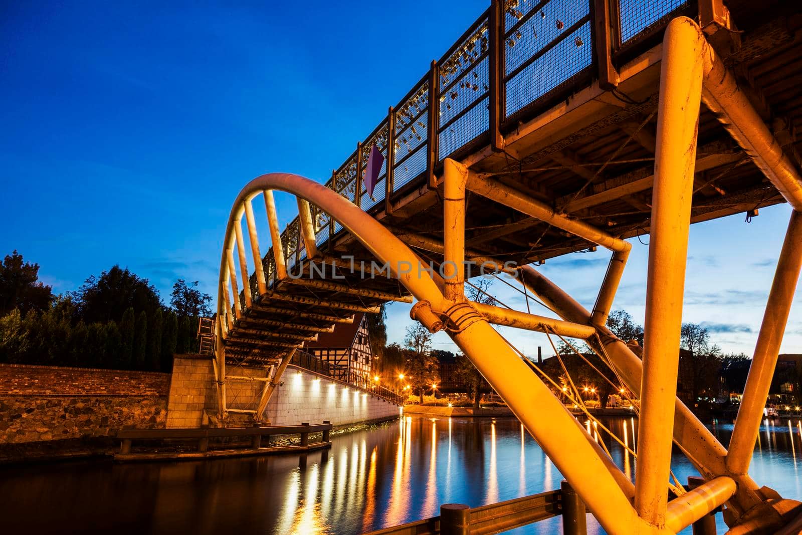 Small bridge on Brda River in Bydgoszcz. Bydgoszcz, Kuyavian-Pomeranian, Poland.