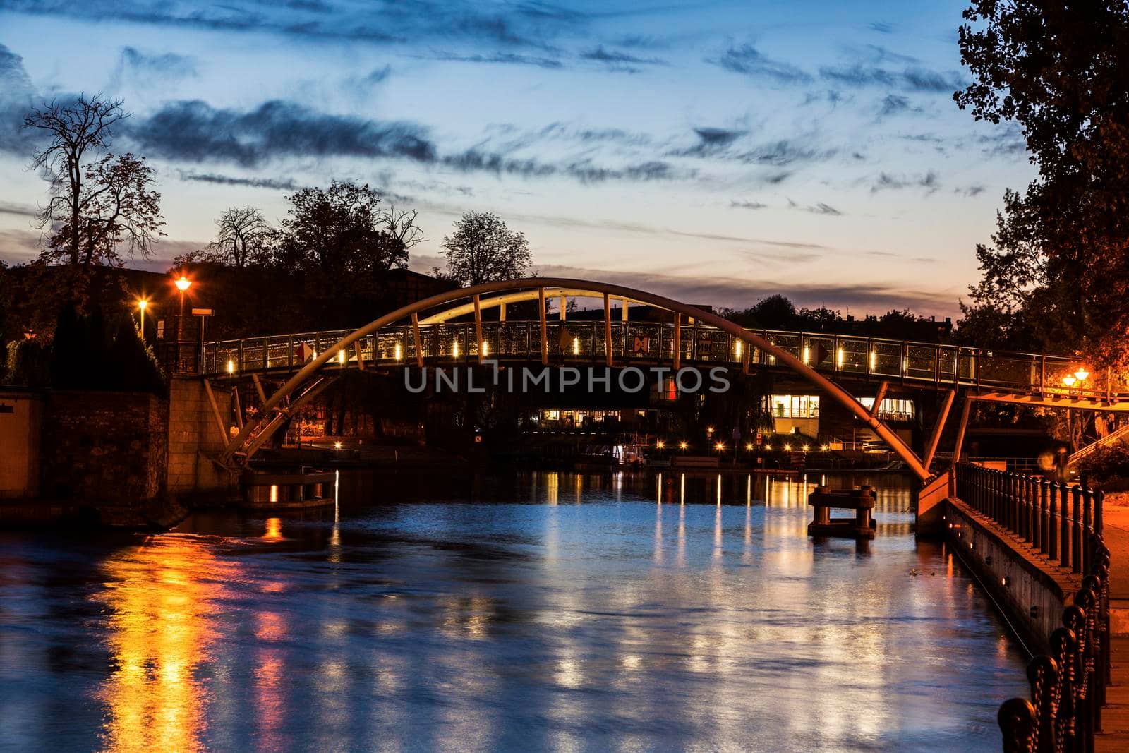 Pedestrian bridge on Brda River in Bydgoszcz. Bydgoszcz, Kuyavian-Pomeranian, Poland.