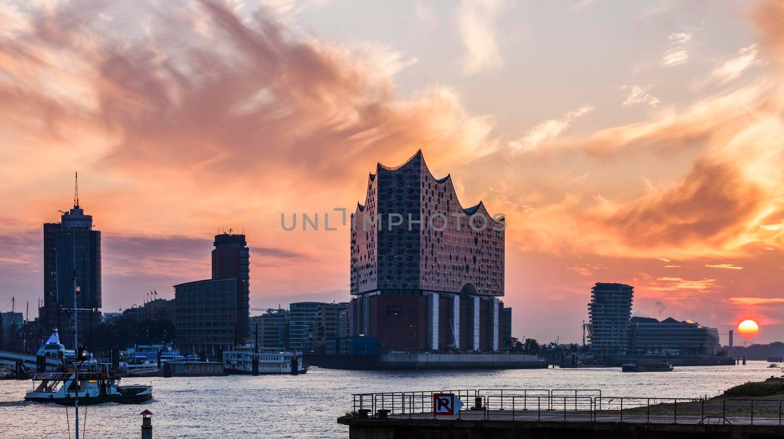 Hamburg architecture across the river at sunrise. Hamburg, Germany.
