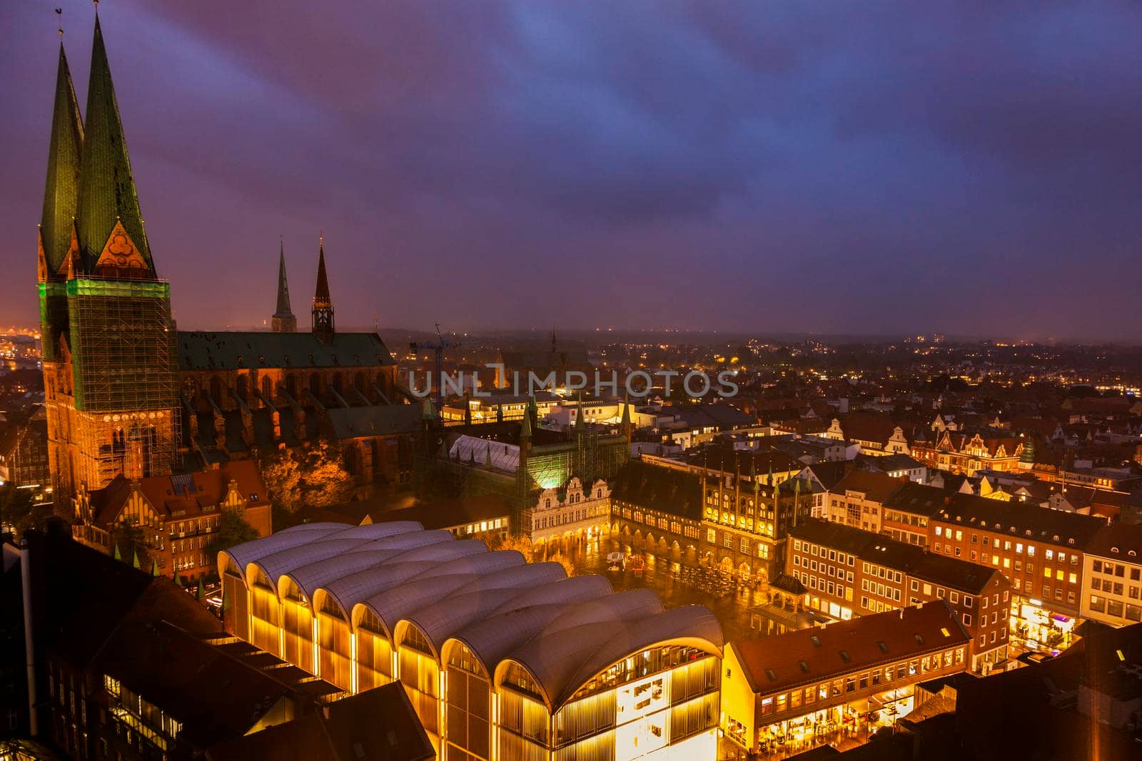 Lubeck aerial panorama during rainy evening. Lubeck, Schleswig-Holstein, Germany