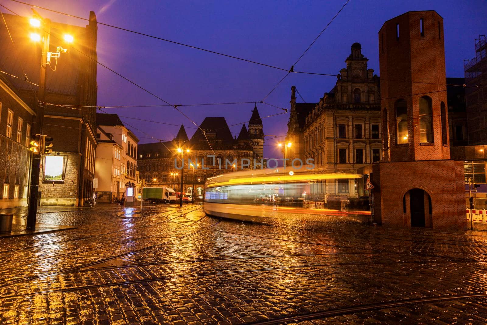 Rainy morning in the center of Bremen. Bremen, Germany.