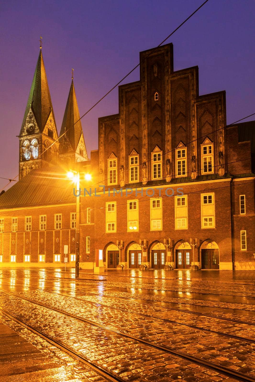 Rain by St. Peter's Cathedral in Bremen. Bremen, Germany.