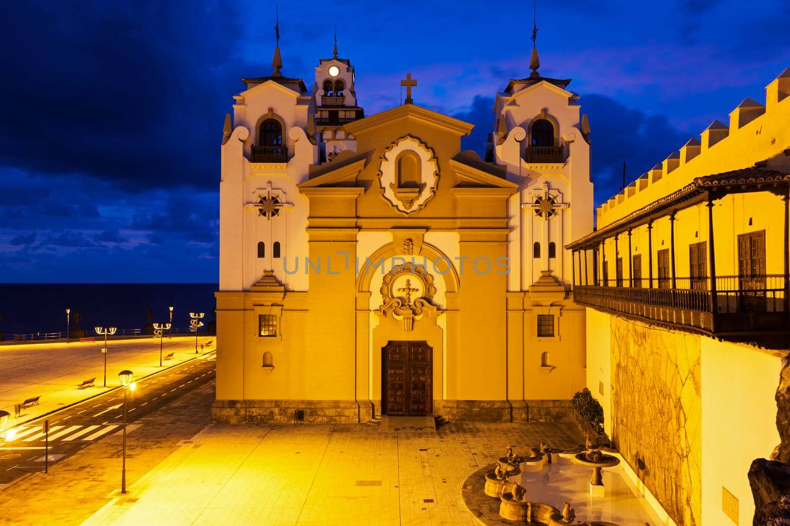 Candelaria Church at night. Candelaria, Santa Cruz de Tenerife, Tenerife, Canary Islands, Spain.