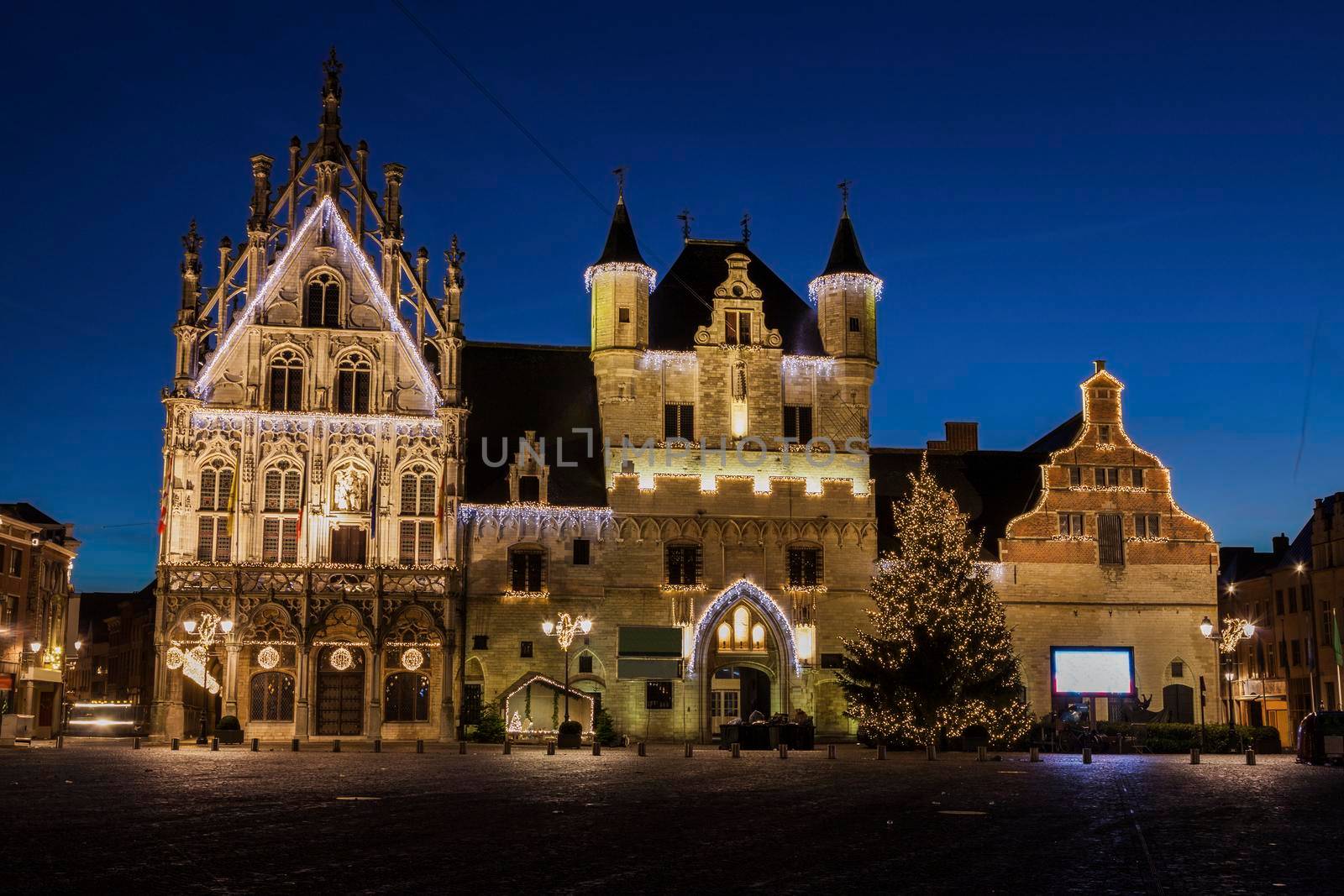 Mechelen City Hall at night. Mechelen, Flemish Region, Belgium