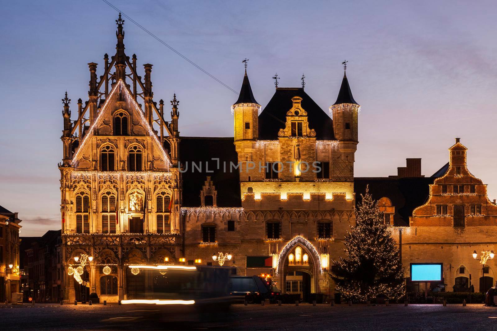 Mechelen City Hall seen at sunrise. Mechelen, Flemish Region, Belgium