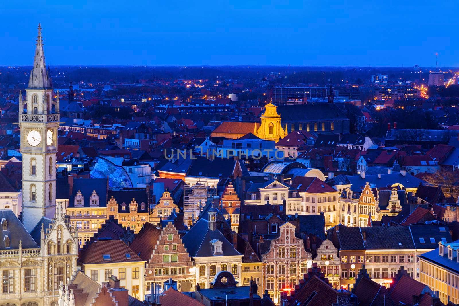 Ghent Clock Tower and city panorama. Ghent, Flemish Region, Belgium.