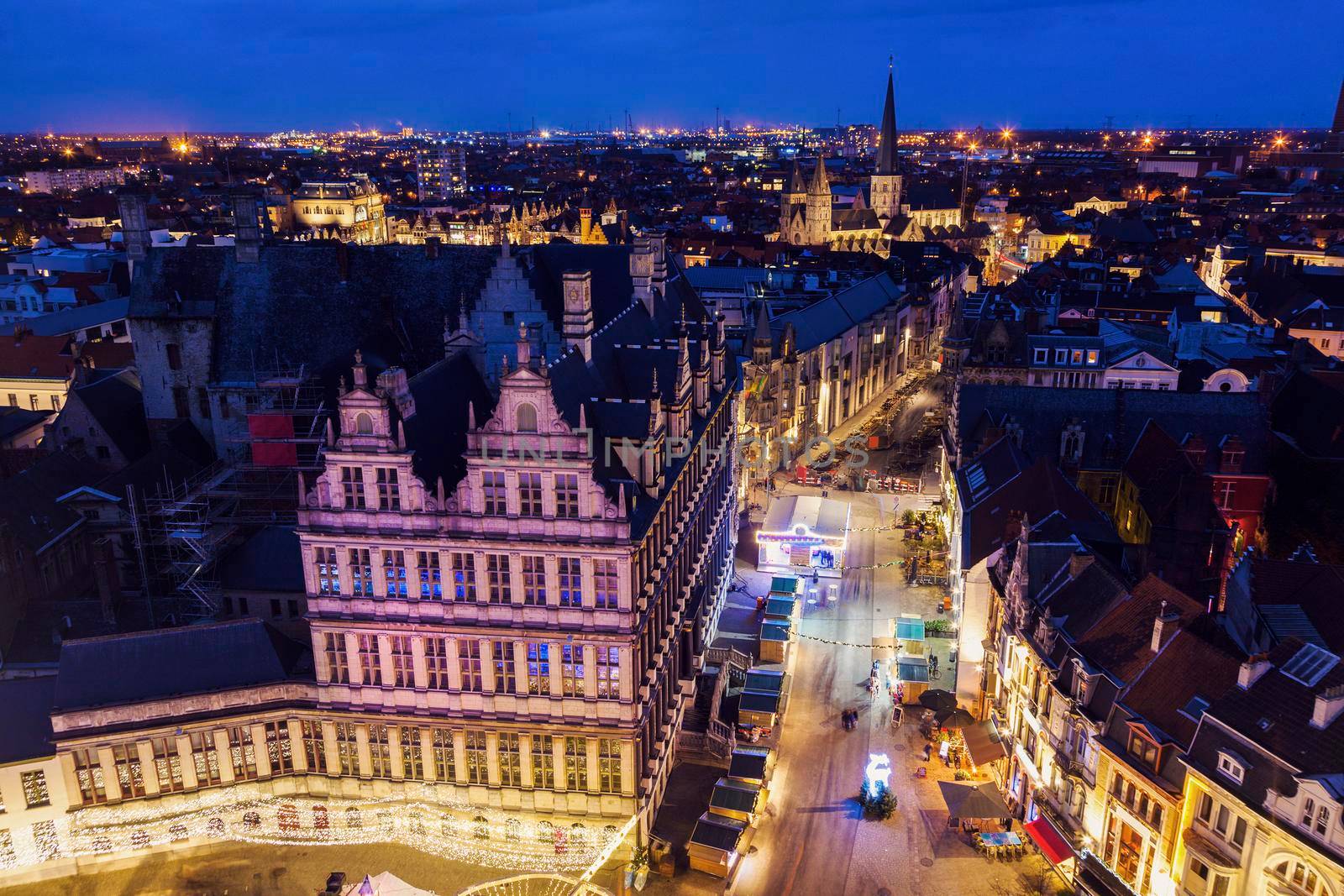 Night in Ghent - aerial view. Ghent, Flemish Region, Belgium.