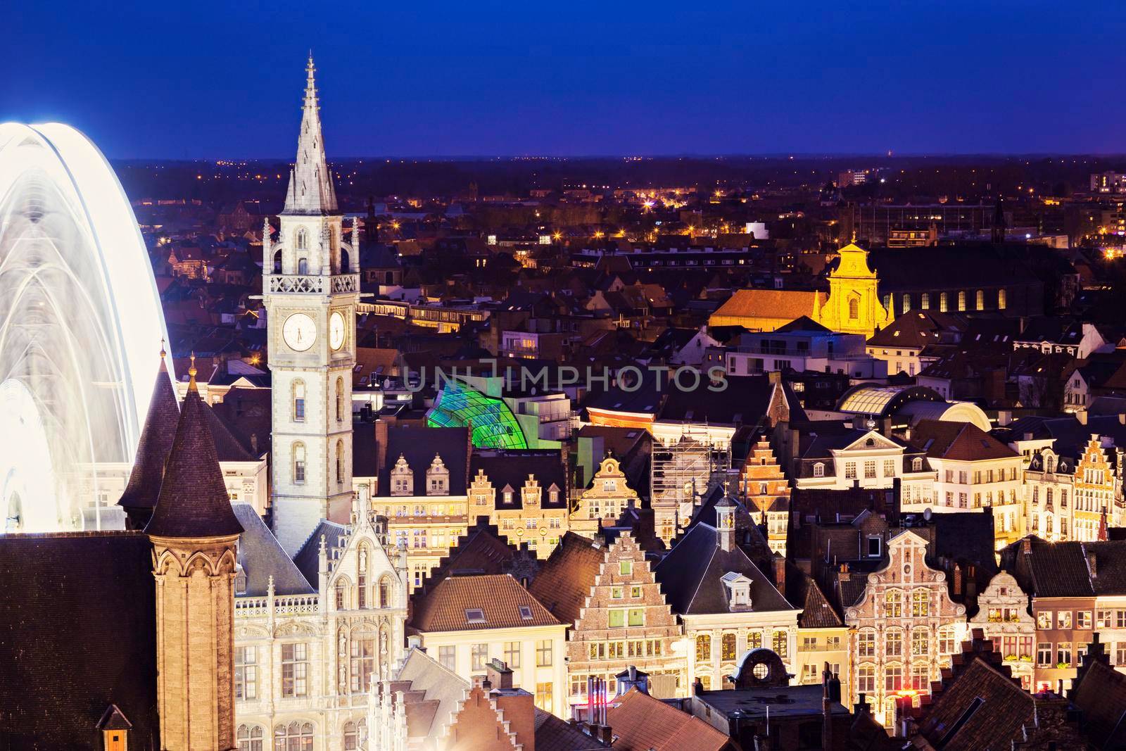 Aerial view of Ghent at night. Ghent, Flemish Region, Belgium.