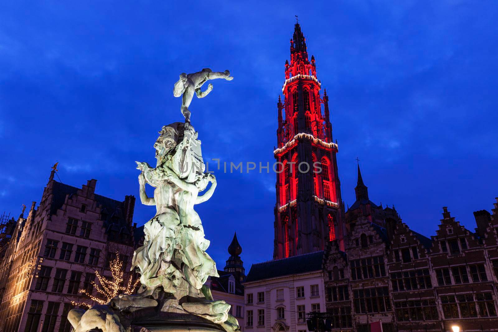 Brabo Fountain on Grote Markt in Antwerp. Antwerp,  Flemish Region, Belgium