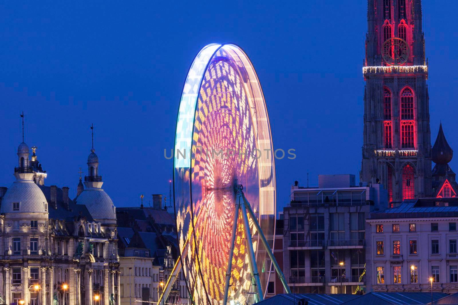 Cathedral of Our Lady in Antwerp and the wheel. Antwerp, Flemish Region, Belgium