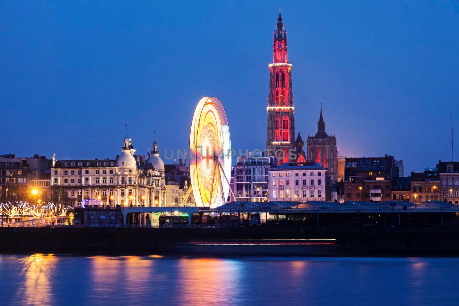 Panorama of Antwerp across Scheldt River. Antwerp, Flemish Region, Belgium