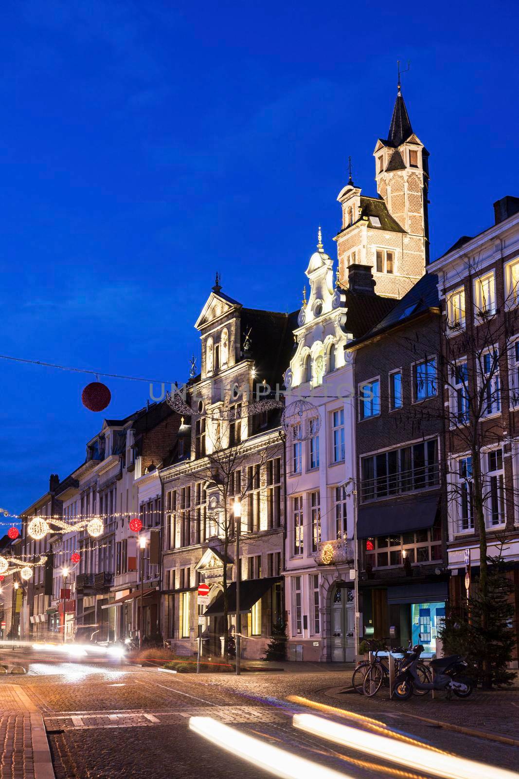 Streets of Mechelen at night. Mechelen, Flemish Region, Belgium.