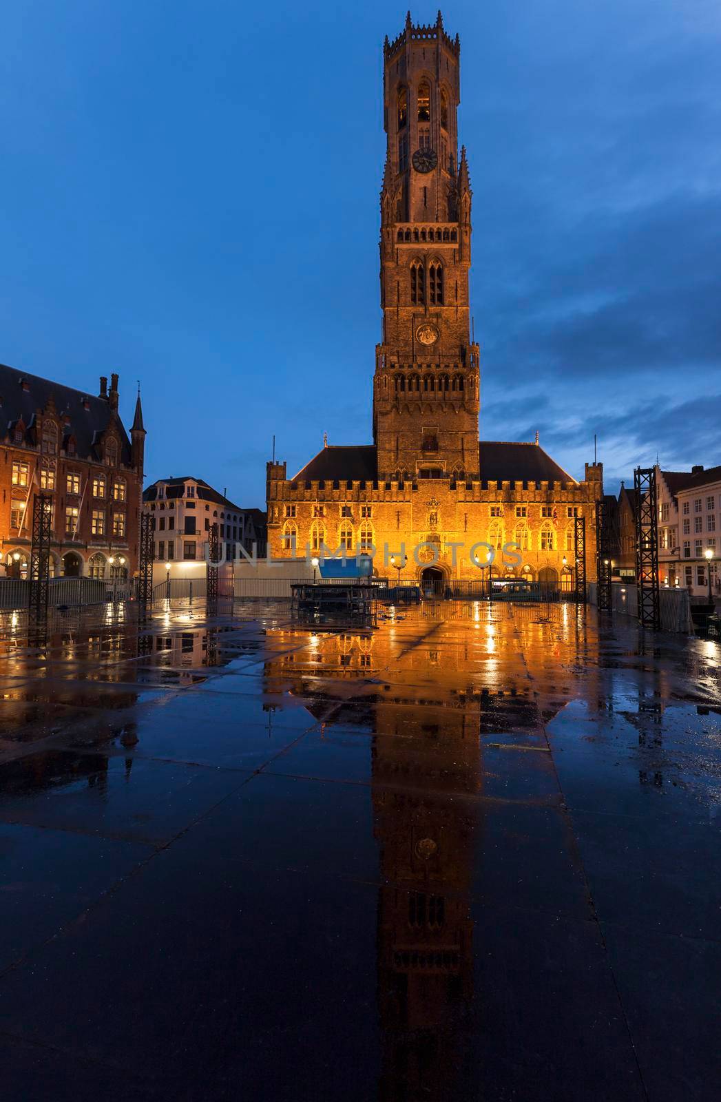 Belfry of Bruges reflected during the rain. Bruges, Flemish Region, Belgium
