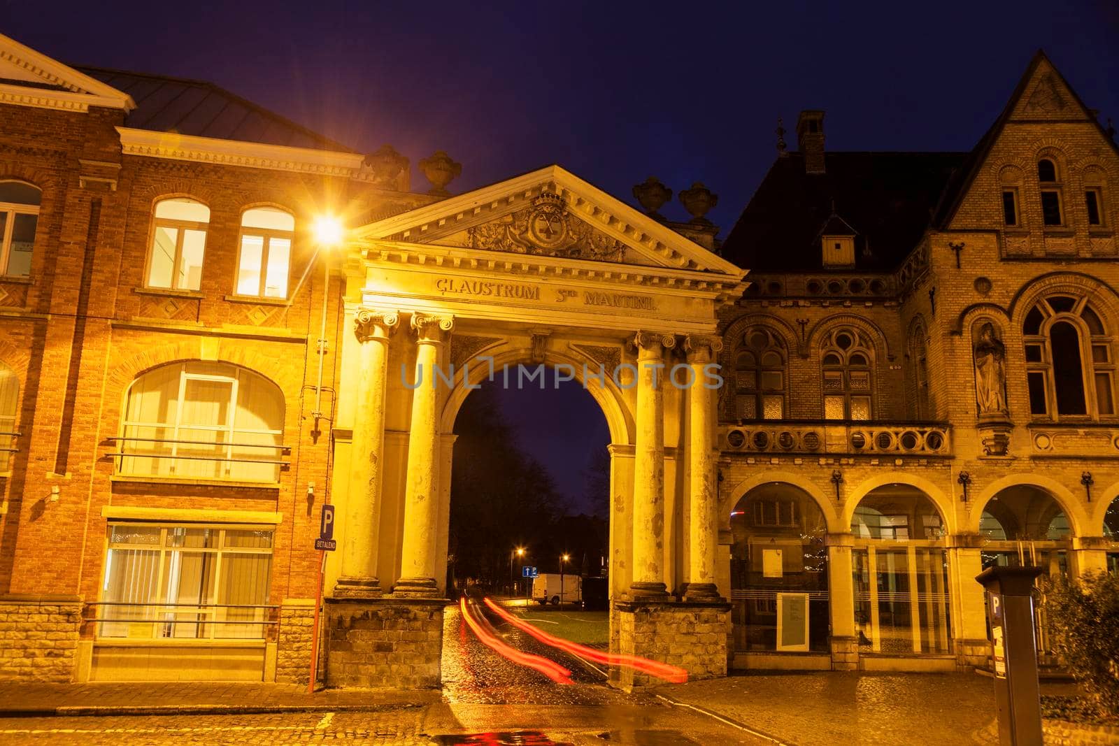 Arch in Ypres at night. Ypres, West Flanders, Flemish Region, Belgium