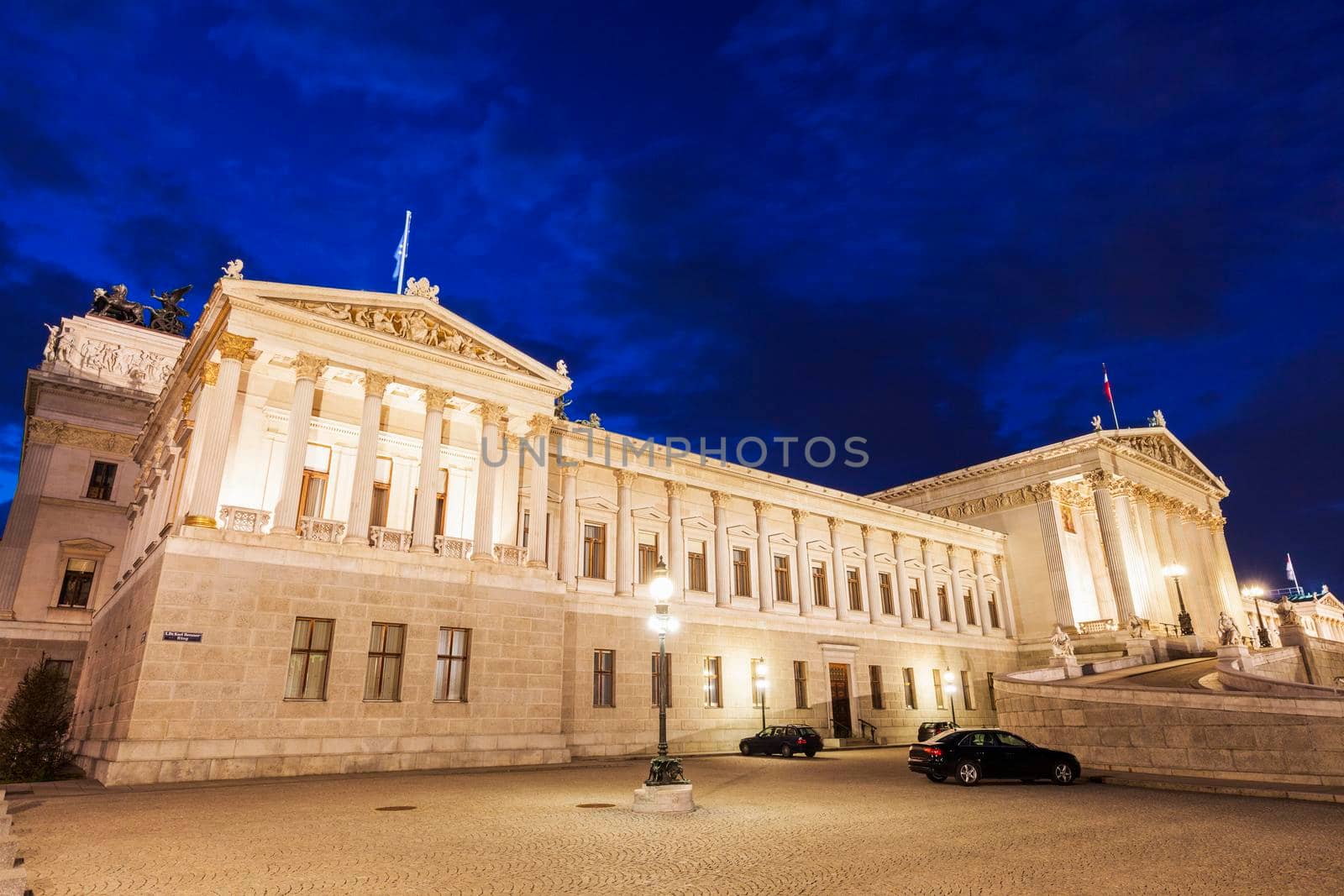 Parliament of Austria in Vienna seen at night. Vienna, Austria.