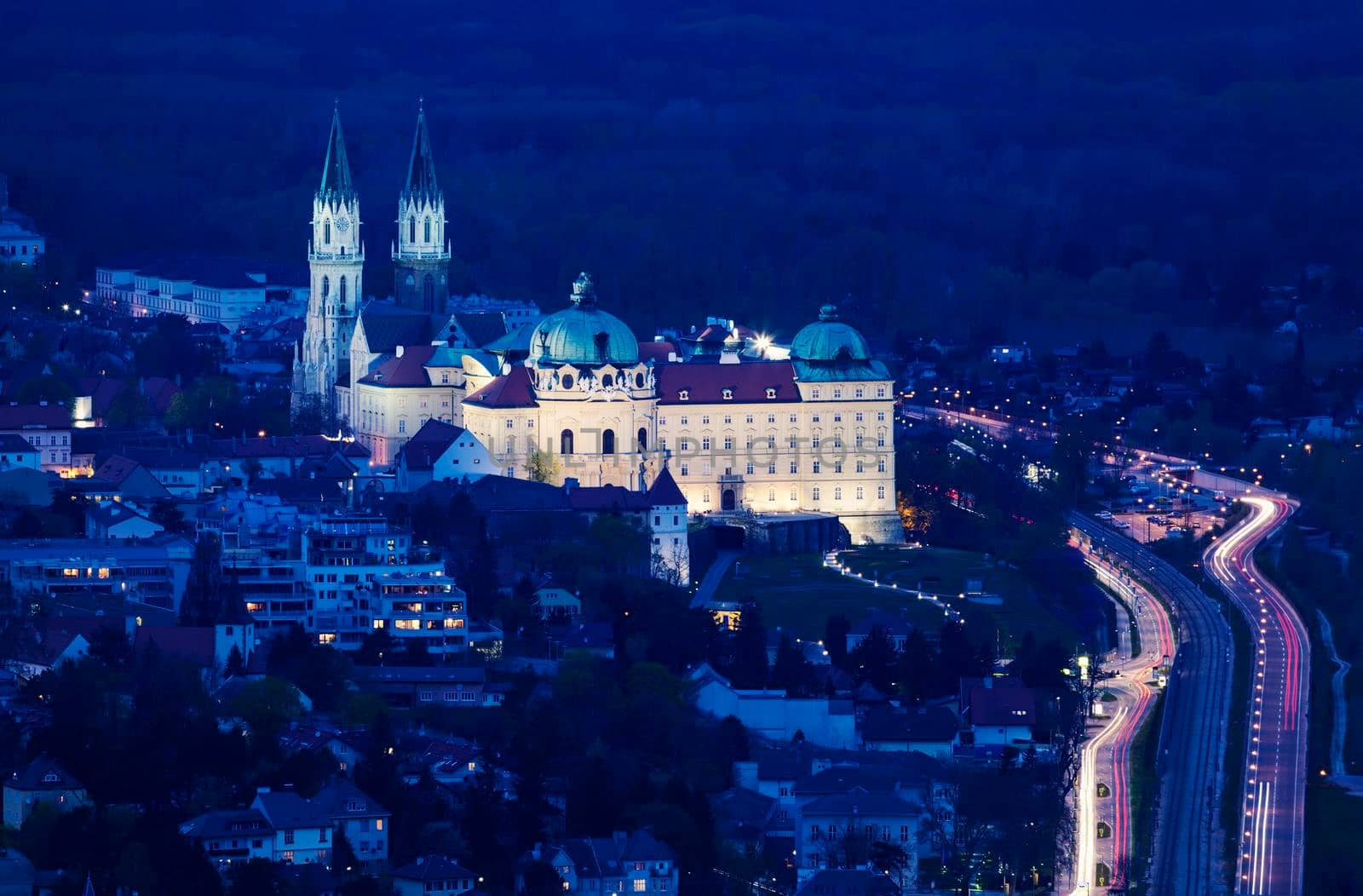 Klosterneuburg Monastery - aerial view at night. Vienna, Austria.